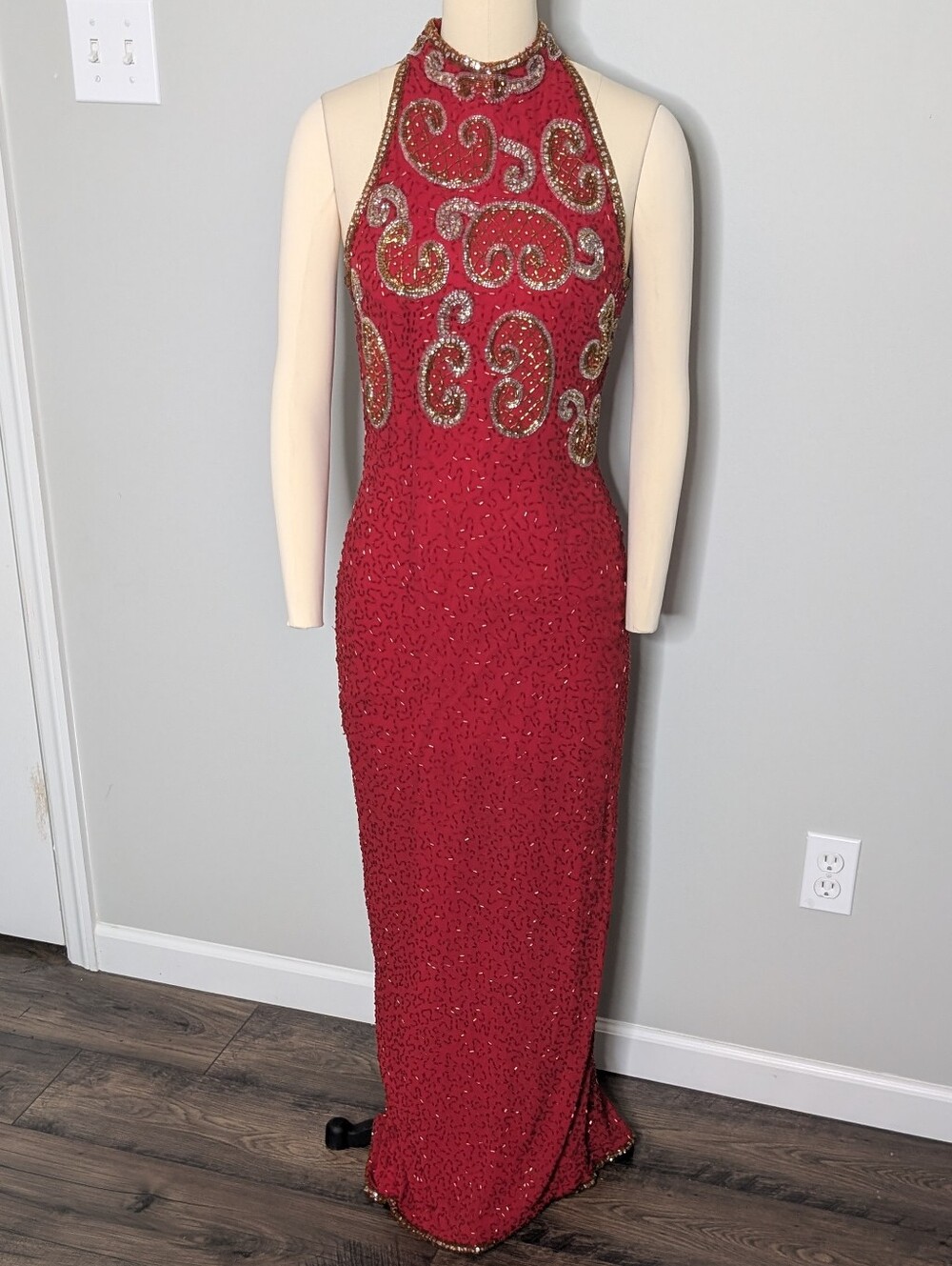 Spiegel Silk Red Beaded Halter Maxi Dress Gold Accents Size 6 See Details